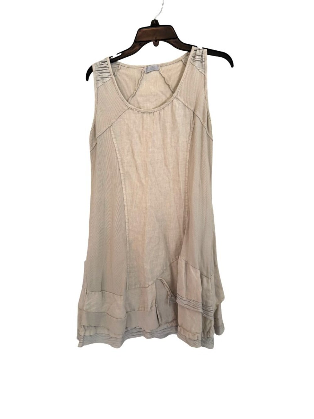 Beige Linen Sleeveless Dress Ruffle Hem Made In Italy Boho Bohemian Lagenlook M - Picture 2 of 16